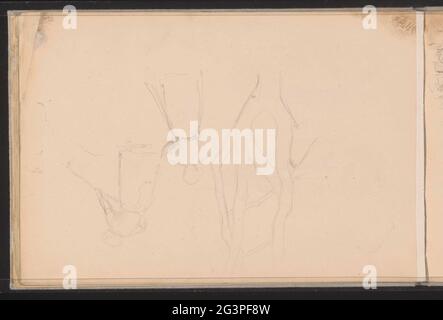 Branches of a tree and figure studies. Two studies of a woman with an apron. Leaf 22 Verso from a sketchbook with 30 sheets. Stock Photo
