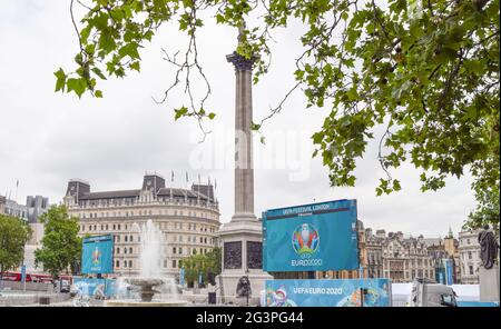 London, United Kingdom. 17th June 2021. Fan Zone preparations at Trafalgar Square ahead of the England-Scotland UEFA Euro 2020 match at Wembley Stadium, taking place on 18th June.