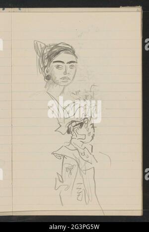 Figure studies. Among other things, a women's head and a figure with a traditional headdress. Page 63 From a sketchbook with 74 sheets. Stock Photo
