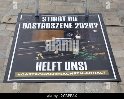 Nationwide action empty chairs Gastro needs help on the cathedral square in Magdeburg Stock Photo