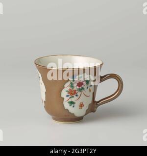 Chocolate Cup With Flower Sprays in Panels on a Brown Glaze. Porcelain chocolate head, covered with a brown glaze and painted in blue, red, pink, green, yellow and black. At the front covered with a brown glaze with four leaf-shaped cartouches with flower branches. Famille Rose with monochrome brown. Stock Photo