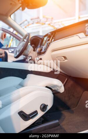 White leather interior of a new modern car Stock Photo