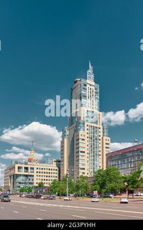 Modern high-rise business center Domnikov, view from the Academician Sakharov Avenue: Moscow, Russia - May 26, 2021 Stock Photo