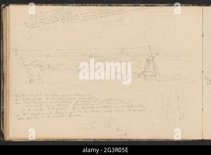 Landscape with mills. Leaf 32 Verso from a sketchbook with 44 sheets. Stock Photo