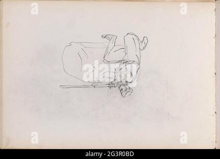 Kneeled soldier with a gun. Leaf 10 Verso from a sketchbook with 25 sheets. Stock Photo