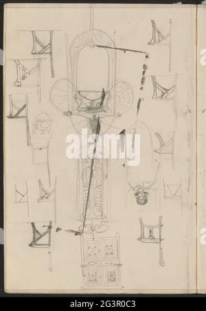 Designs for chairs and a cupboard. Also studies of ornaments. Leaf 9 Verso from a sketchbook with 17 sheets. Stock Photo