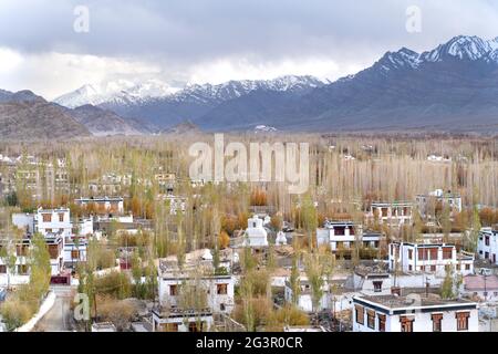The indian town Thiksey which is build in tibetan style Stock Photo