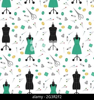 Pattern with mannequins, dress, scissors and sewing tools. Vector illustration  Stock Vector