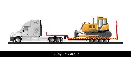 Image of a modern American low loader semi-trailer with cargo. Goose bulldozer. Transportation of construction equipment. Flat vector illustration. Stock Vector