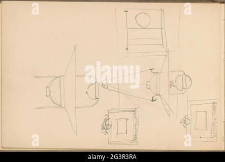 Design for electric hanging lamps. Also studies of lists. Leaf 17 Verso from a sketchbook with 27 sheets. Stock Photo