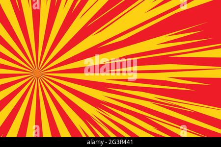 Pop art radial colorful comics book magazine cover. Striped red and yellow digital background. Cartoon funny retro pattern strip mock up. Vector Stock Vector