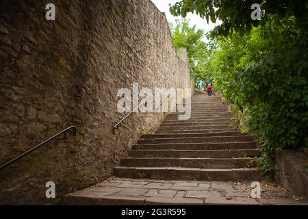 An old stone staircase leading to the sights. Stock Photo