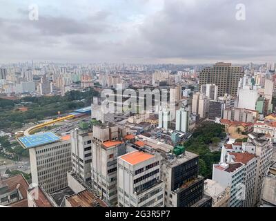 SAO PAULO, BRAZIL - JUNE 11, 2021- Skyline view of Sao Paulo in a cloudy day black and white B&W Including downtown Paulista Avenue buildings famous a Stock Photo