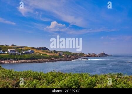Image of Petit Port Bay with Corbiere Lighthouse in the background. Jersey CI Stock Photo