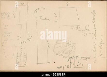 Hand holding a pencil. Also studies of geometric forms. Leaf 21 Verso from a sketchbook with 27 sheets. Stock Photo