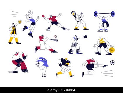 Set of male and female athletes. Team and Individual Sports characters isolated on white in modern outline minimalistic design. Flat Art Illustration. Stock Photo