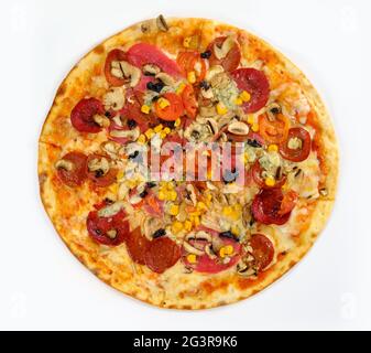 Mixed pizza on a white background. Stock Photo