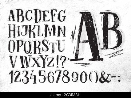 Font pencil vintage hand drawn alphabet drawing in black color on dirty paper background. Stock Vector