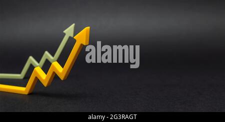 An uptrend, increased sales, or increased value. graphic arrows pointing upwards on black background for banner, design or text insert. Stock Photo
