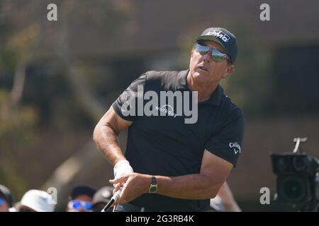 San Diego, United States. 17th June, 2021. Phil Mickelson of the USA, watches his drive off the fourteenth hole during the first day of competition at the 121st US Open Championship at Torrey Pines Golf Course in San Diego, California on Thursday, June 17, 2021. Photo by Richard Ellis/UPI Credit: UPI/Alamy Live News Stock Photo