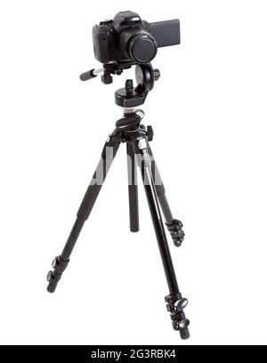 Tripod with camera stand with head ball isolated on a white background Stock Photo