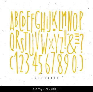 Alphabet set straight lines font in vintage style drawing with yellow lines on white background Stock Vector