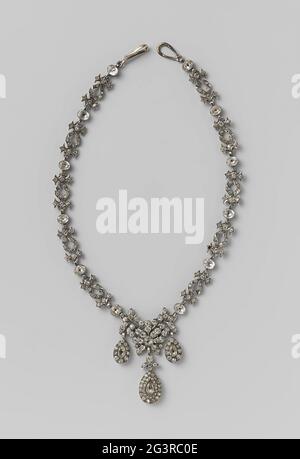Necklace of silver with a strass. Necklace of silver with a strass. On a shift tape of silver with a hanger, 12 large oval, 1 large round and 3 peer-shaped streasz diamonds are caught. The pendant has a butterfly-shaped center awarded a leaf branch with three dependent drops. Stock Photo