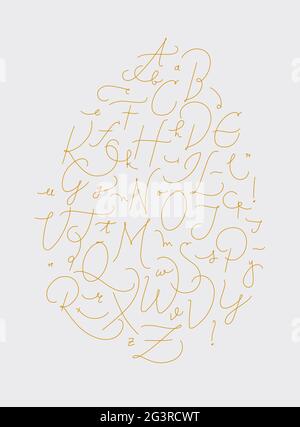 Alphabet in calligraphic pen line style drawing with gold color on white background Stock Vector