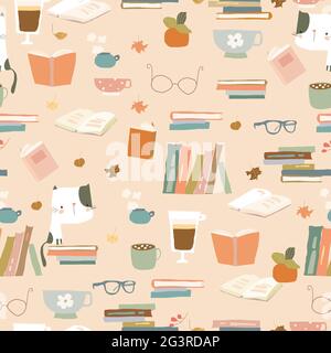 Seamless pattern with Books, Cups and Eyeglasses. Autumn Mood Stock Vector