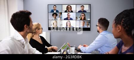 Business Video Conference Online Meeting In Office Room Stock Photo