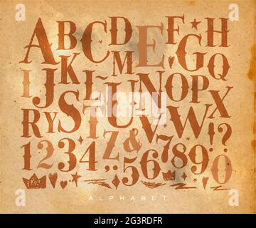 Vintage gothic font in retro style drawing on craft background Stock Vector