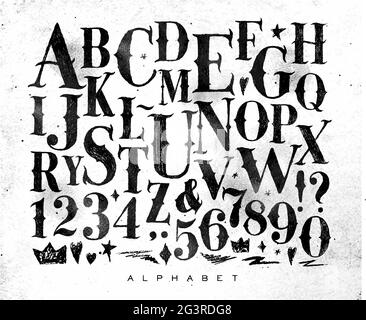 Vintage gothic font in retro style drawing on dirty paper background Stock Vector