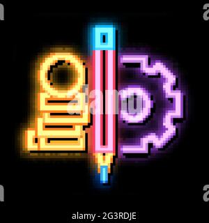 coin heap pen and mechanical gear neon glow icon illustration Stock Vector