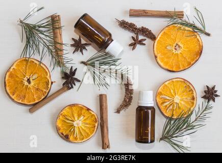Top view bottles and ingredients. Background Stock Photo