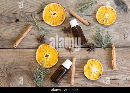 Top view bottles and ingredients. Background Stock Photo