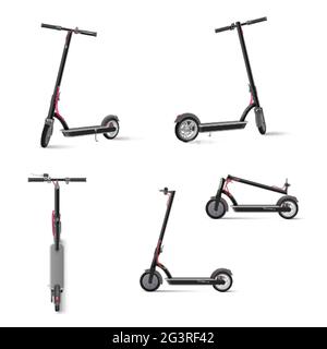 Black electric kick scooter on white background realistic vector illustration. Stock Vector