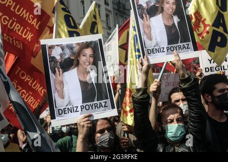 Istanbul, Turkey. 17th June, 2021. Protesters hold placards with pictures of Deniz Poyraz, who was killed in an armed attack on the headquarters of the Peoples' Democratic Party in Izmir during a demonstration.People held a protest against Armed Attack on Peoples' Democratic Party Izmir Office, the armed attacker Onur Gencer, who came to the headquarters of the pro-Kurdish Peoples' Democratic Party in Izmir at around 11:00 am today, killed a 40-year-old employee Deniz Poyraz. Credit: SOPA Images Limited/Alamy Live News Stock Photo