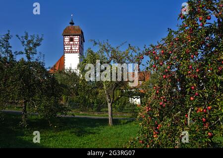 Half-timbered church tower of Nehren, germany Stock Photo