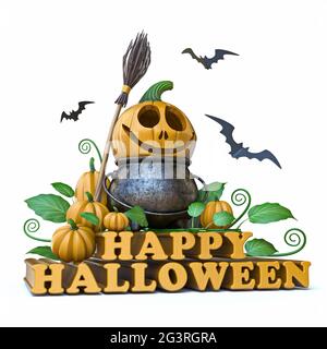 Happy Halloween text with Jack O Lantern 3D Stock Photo