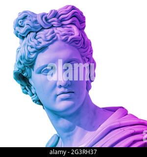 Statue of of Apollo God of Sun. Creative concept colorful neon image with ancient greek sculpture Apollo Belvedere head. Webpunk Stock Photo