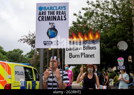 Northampton, UK. 17th June, 2021. NORTHAMPTON, ENGLAND. June 17TH, Extinction Rebellion Protestors demonstrate outside of Northampton Magistrates Court in support of the three protestors arrested for breaking into Barclays in London back on the 7th April 2021, Thursday17th June 2021. ( Credit: Leila Coker/Alamy Live News Stock Photo