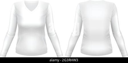 Blank white V-neck long sleeve shirt template. Front and back views. Photo-realistic vector illustration. Stock Vector