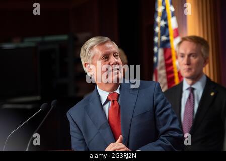 United States Senator Lindsey Graham (Republican of South Carolina) offers remarks during a press conference to express opposition to the For the People Act at the US Capitol in Washington, DC, Thursday, June 17, 2021. Credit: Rod Lamkey/CNP /MediaPunch Stock Photo