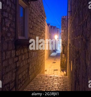 Street scene at night at city of Rab in Croatia Stock Photo