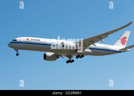 Air China Airbus A350 900 airliner jet plane B-322H on finals to land at London Heathrow Airport, UK. People's Republic of China flag carrier. Chinese Stock Photo