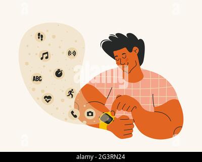 Young man looks at smart watch. Cute guy uses sports watch. Icons for pedometer, heart rate measurement, handset, timer, music, camera, and so on fly Stock Vector
