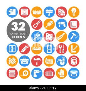 Set of building construction and home repair white glyph icons. Vector design and illustration Stock Vector