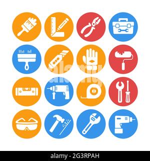 Building, construction and home repair tools white glyph icons. Graph symbol for your web site design, logo, app, UI. Vector illustration, EPS10. Stock Vector