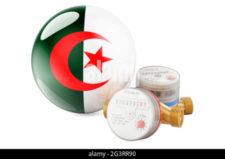 Water consumption in Algeria. Water meters with Algerian flag. 3D rendering isolated on white background Stock Photo