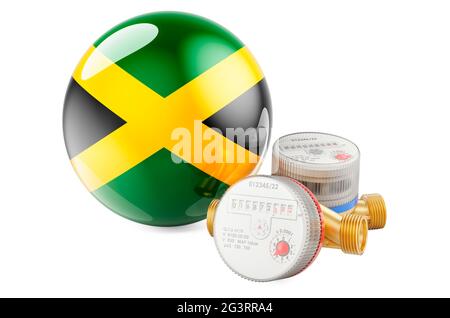 Water consumption in Jamaica. Water meters with Jamaican flag. 3D rendering isolated on white background Stock Photo